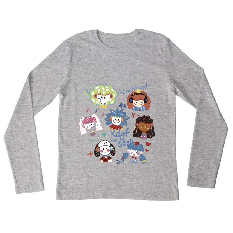 Bunte Cartoon-Gesichter Damen Langarm T-Shirt