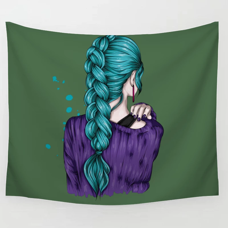 Teal Braided Hair Fashion Illustration Tapestry