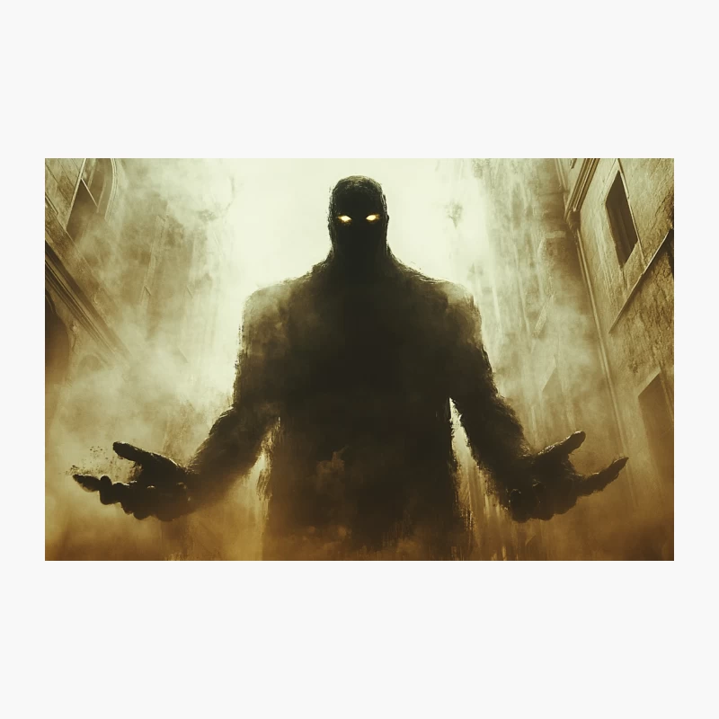 Ominous Silhouette with Glowing Eyes in Foggy City Street Travel Mug