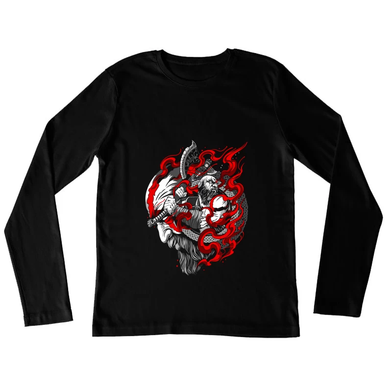 Fierce Warrior with Axe and Flames Female Long Sleeve T-Shirt