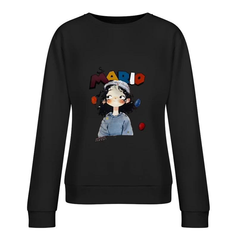 Jeune fille ludique avec bonnet et inscription Mario Femme Sweat-shirt à enfiler
