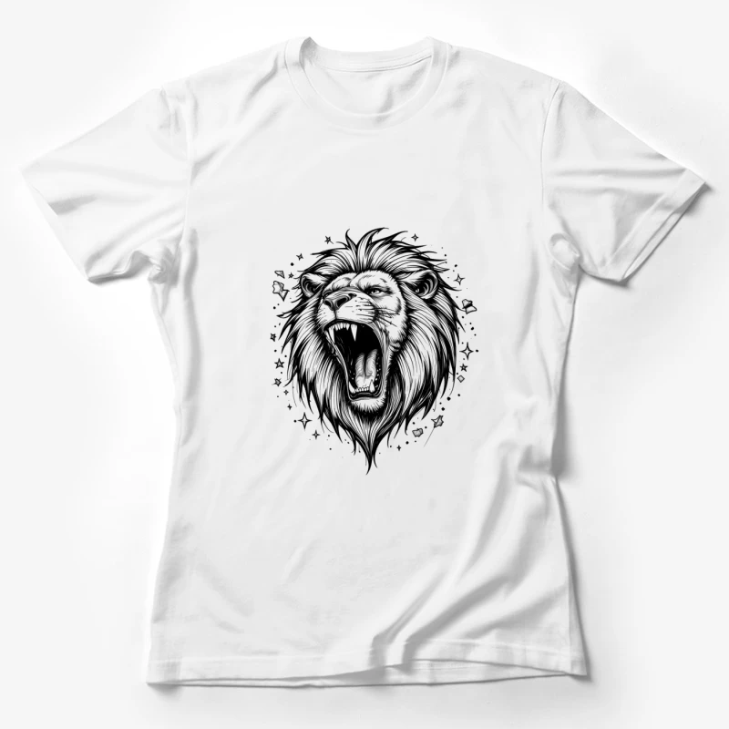 Detailed Roaring Lion Illustration in Black and White Female T-Shirt