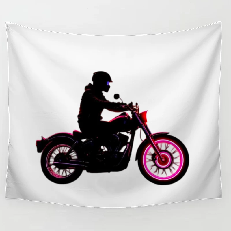 Silhouetted Motorcycle Rider with Neon Red Accents Tapestry