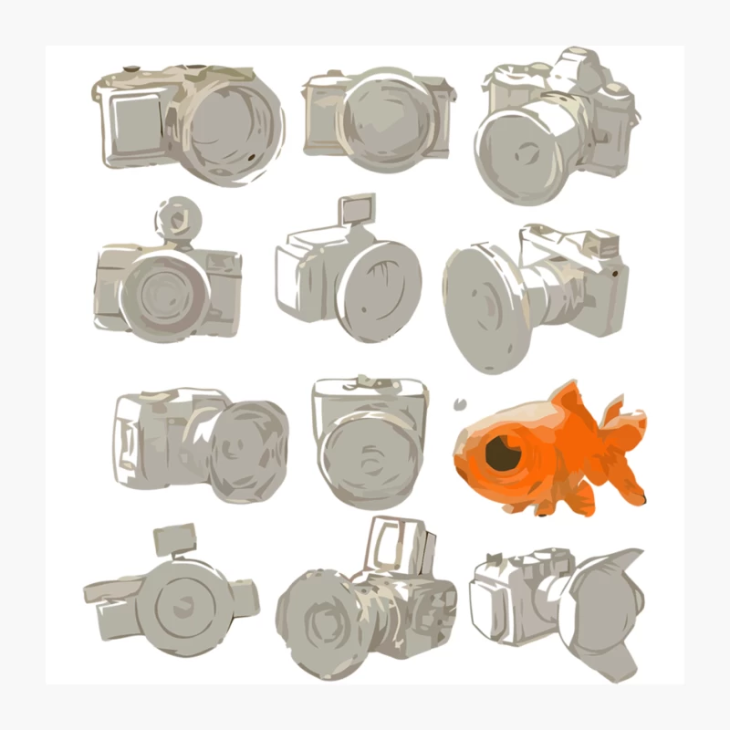 Illustrated Camera Sketches with Goldfish Accent Pin
