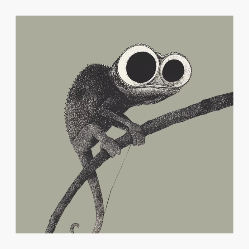 Stylized Black and White Chameleon Cartoon with Big Eyes on Stick Pin