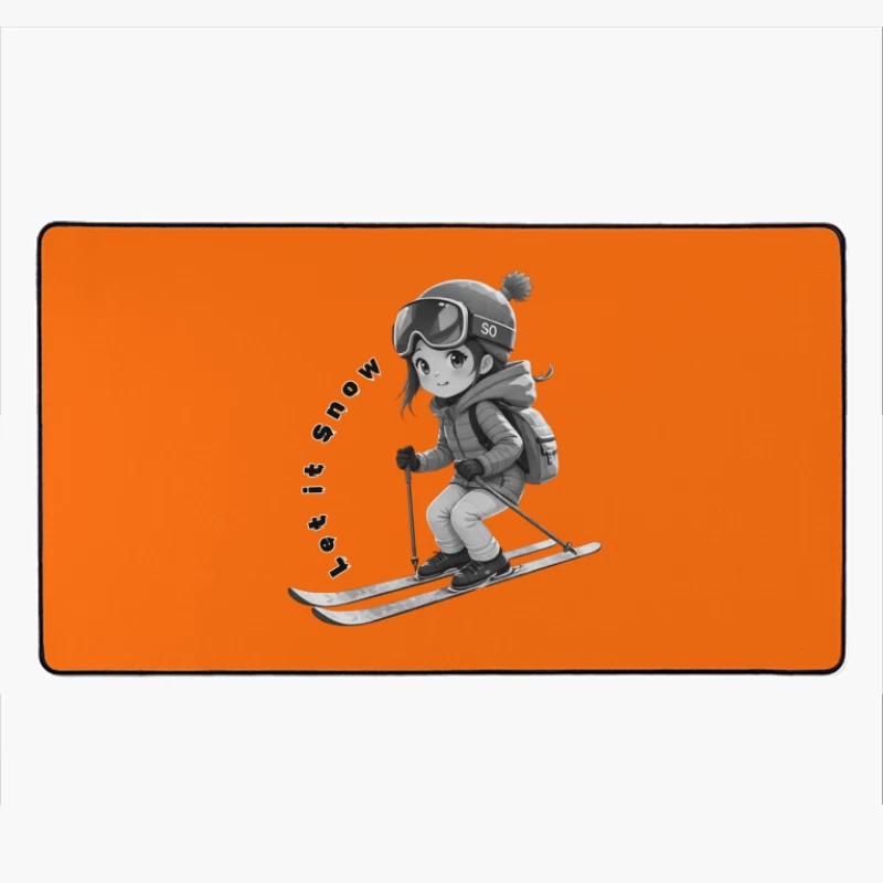 Cute Anime Chibi Character Skiing in Winter Desk Mat