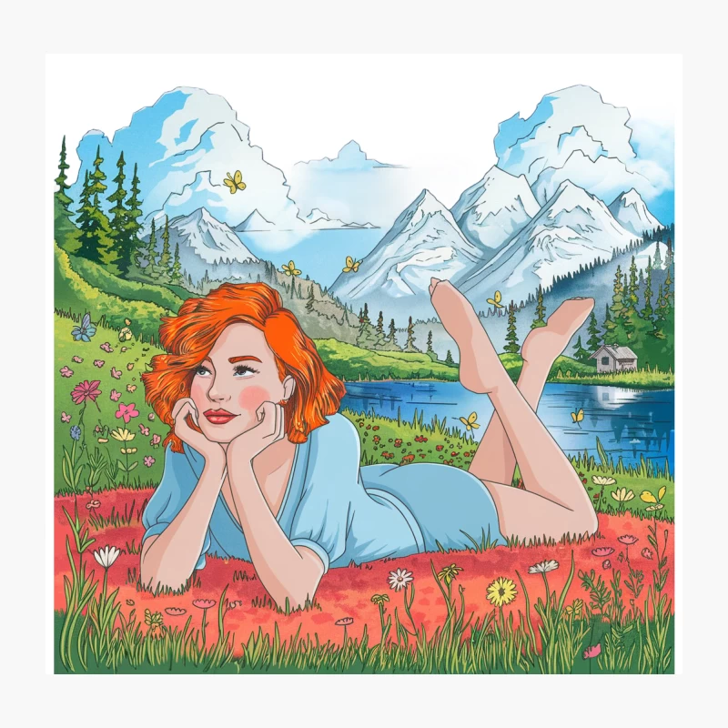 Serene Alpine Meadow Illustration with Lake and Mountains Throw Pillow