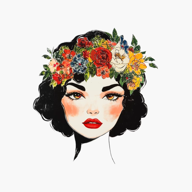 Colorful Floral Crown Illustration: Vibrant Portrait with Dark Hair and Red Lips Cotton Tote Bag