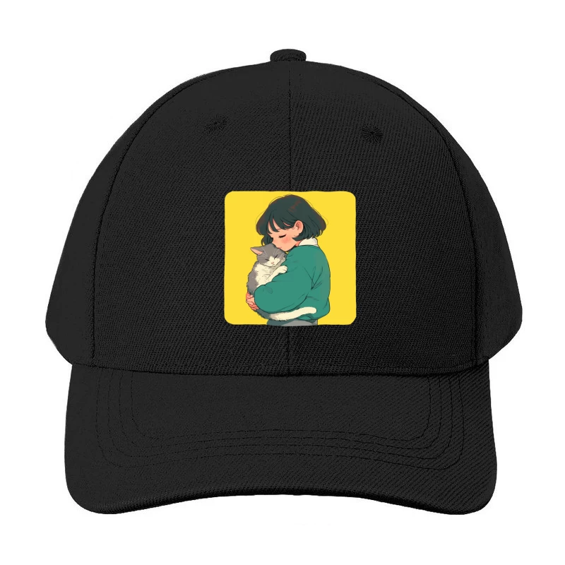 Gentle Embrace: Girl in Green Cuddling Gray Cat Baseball Cap