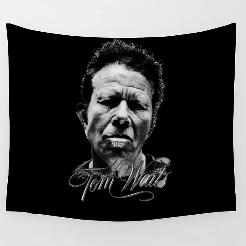 Dramatic Black and White Portrait with Intense Expression Tapestry