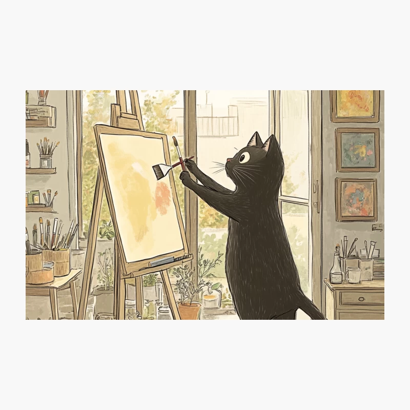 Artistic Cat: Whimsical Illustration of Feline Painter in Studio Travel Mug