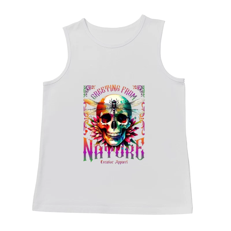 Rainbow Gothic Skull with Dragonfly and Floral Design - Nature Creative Apparel Male Tank Top