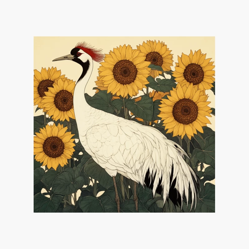 Elegant Crane Among Sunflowers: Japanese-Inspired Nature Illustration Cotton Tote Bag