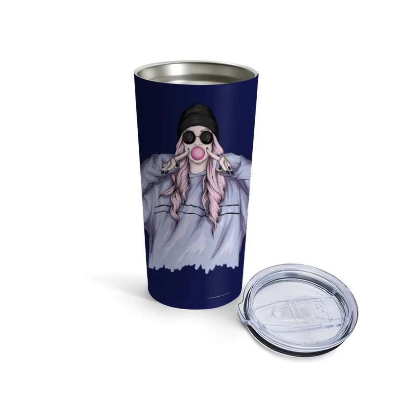 Playful Girl with Bubble Gum in Casual Outfit Travel Mug