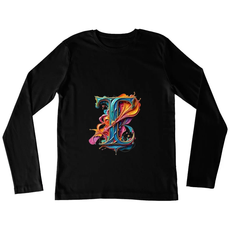 Ornate Colorful Letter T Typography with Decorative Flourishes Female Long Sleeve T-Shirt