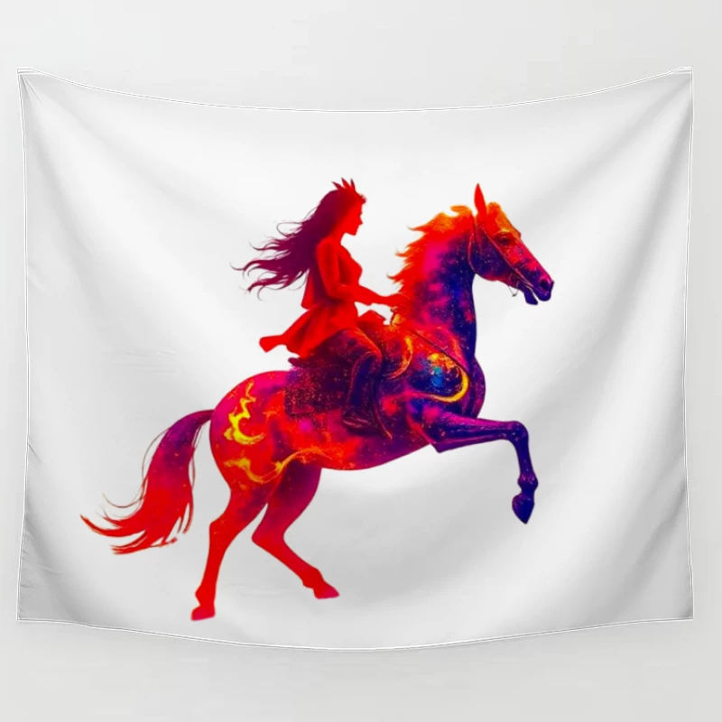 Mystical Red Horse and Rider Silhouette Fantasy Art Tapestry