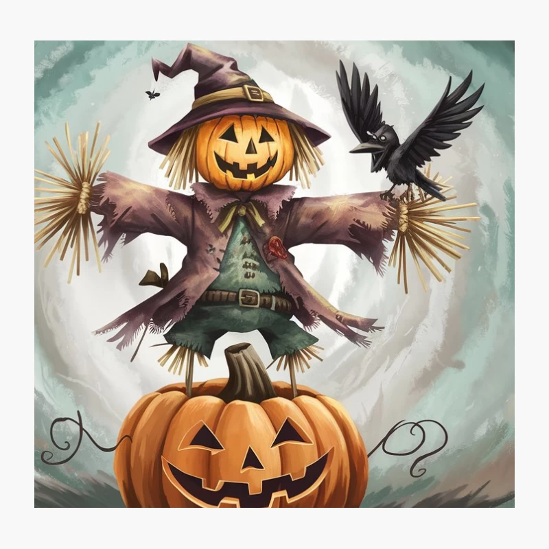 Spooky Halloween Scarecrow with Pumpkin and Crow Throw Pillow