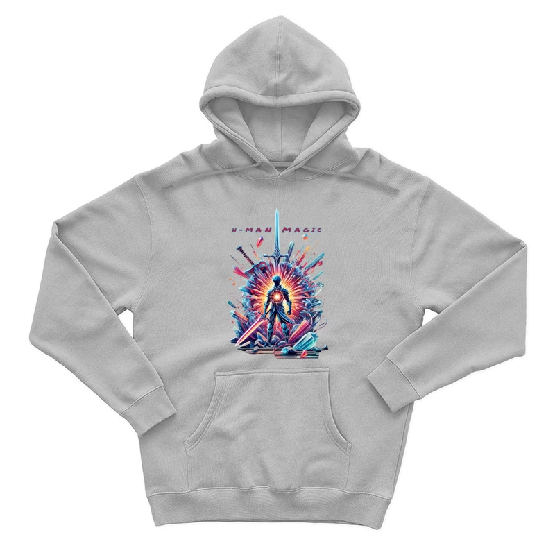 Mystical Warrior Silhouette with Magical Sword Burst Male Pullover Hoodie