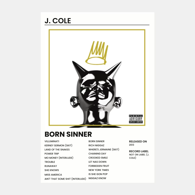 J. Cole's "Born Sinner" Album Cover: Stylized Rap Artwork with Track List Male Tank Top