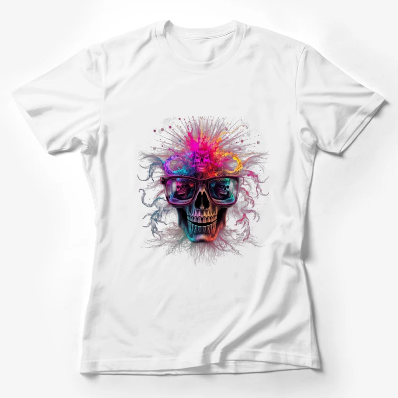 Psychedelic Skull with Reflective Sunglasses in Vibrant Colors Female T-Shirt