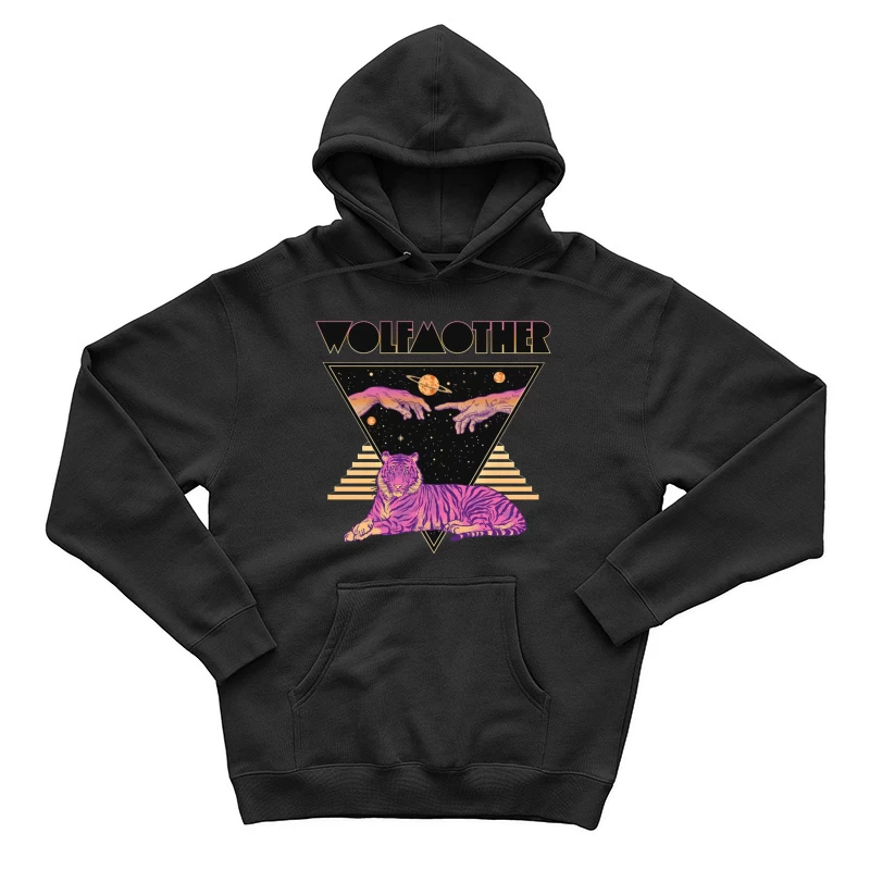 Cosmic Tiger with Mystical Hands in Retro Synthwave Style Male Pullover Hoodie