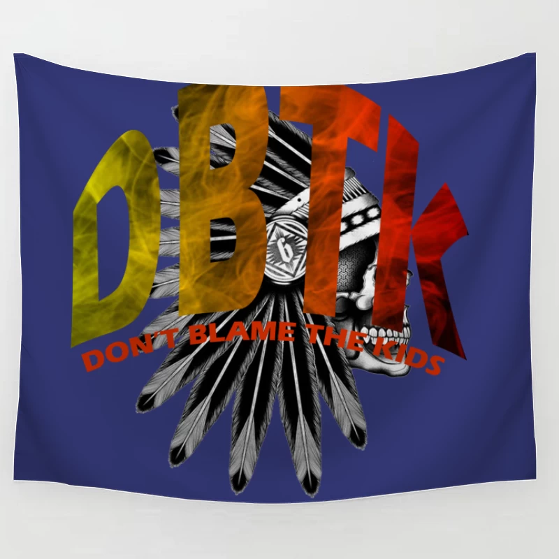 DBTK Logo Design Featuring Feathers and Skull Tapestry