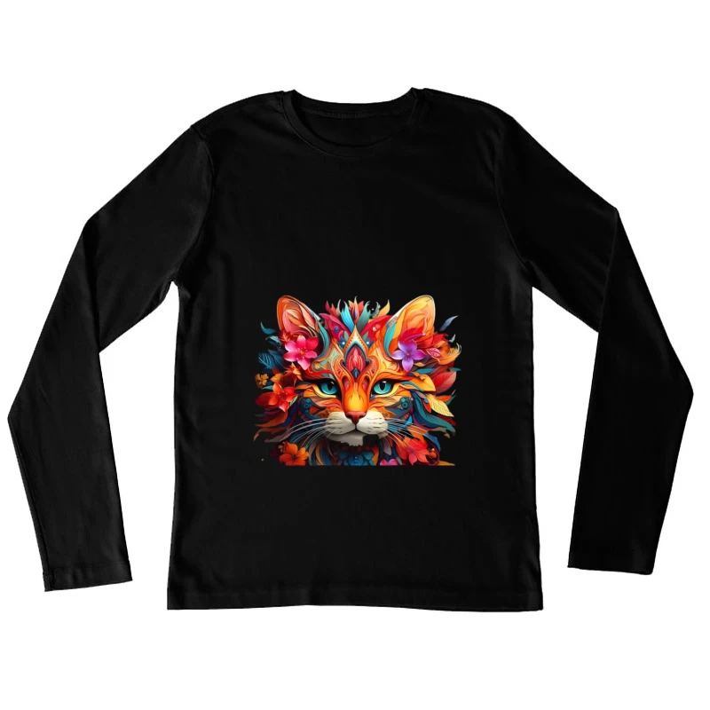 Bunte Katzenkunst mit Blumenmotiv Damen Langarm T-Shirt