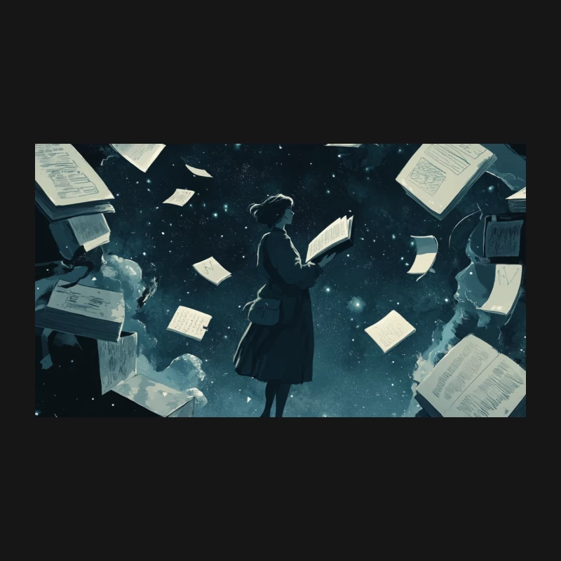 Surreal Literary Journey: Floating Through a Book-Filled Night Sky Desk Mat