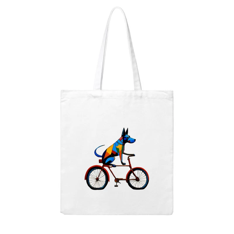 Geometric Colorful Dog Riding Red Bicycle Art Cotton Tote Bag