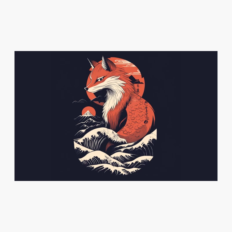 Mythical Fox in Japanese Sunset Waves Travel Mug