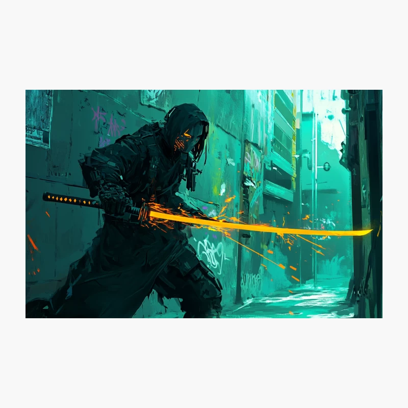 Cyberpunk Samurai Wielding Glowing Sword in Neon Alleyway Travel Mug