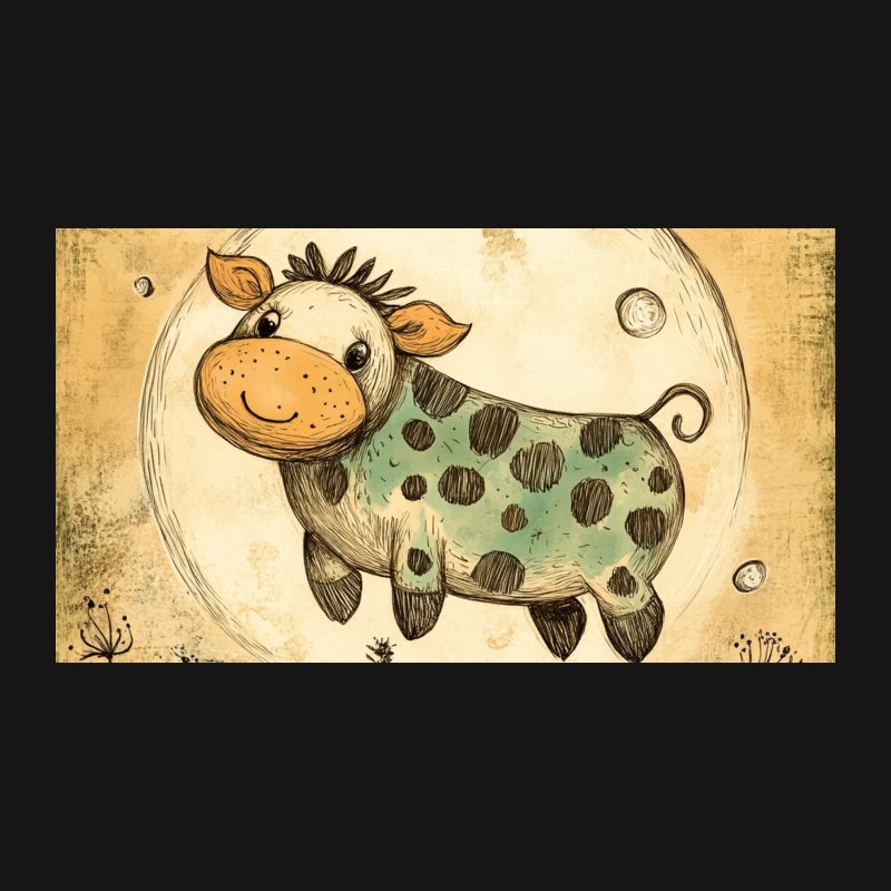 Whimsical Cartoon Cow Floating Over Moonlit Meadow Desk Mat