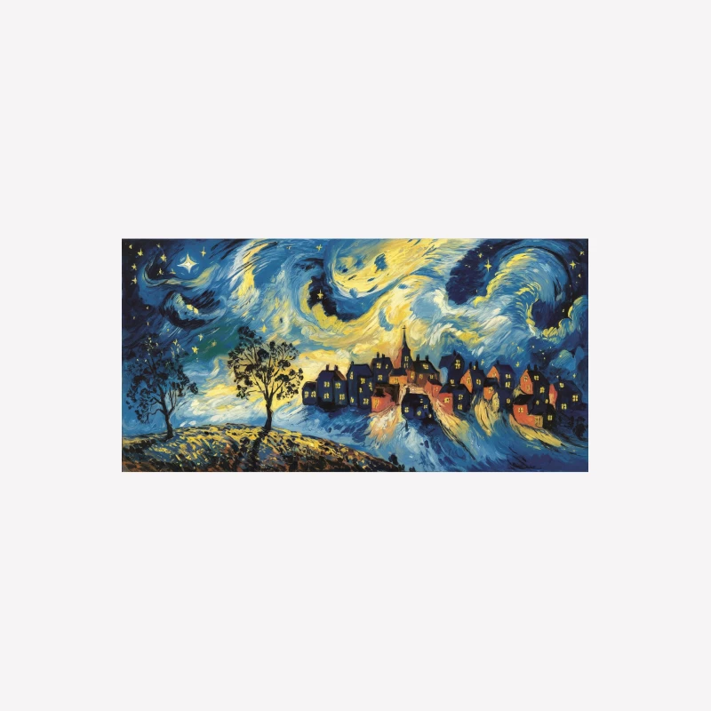 Starry Night-Inspired Village Landscape in Swirling Impressionist Style Female T-Shirt
