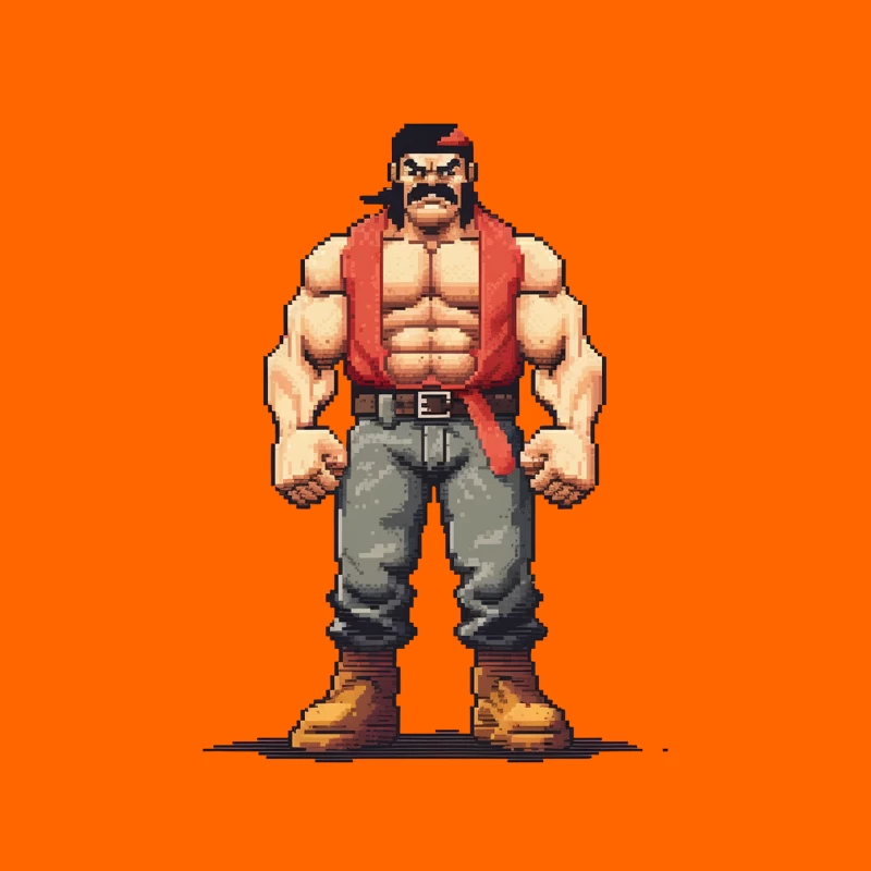 Retro Pixel Art Muscular Fighter in Red Vest Throw Pillow