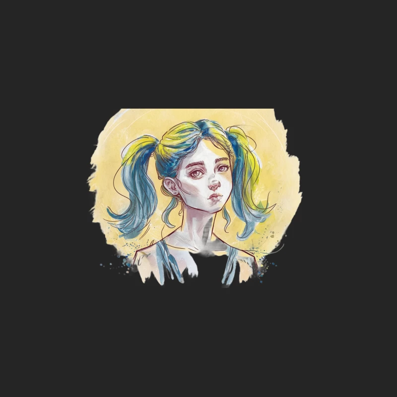 Whimsical Watercolor Portrait of Blue-Haired Anime Character Female Pullover Sweatshirt