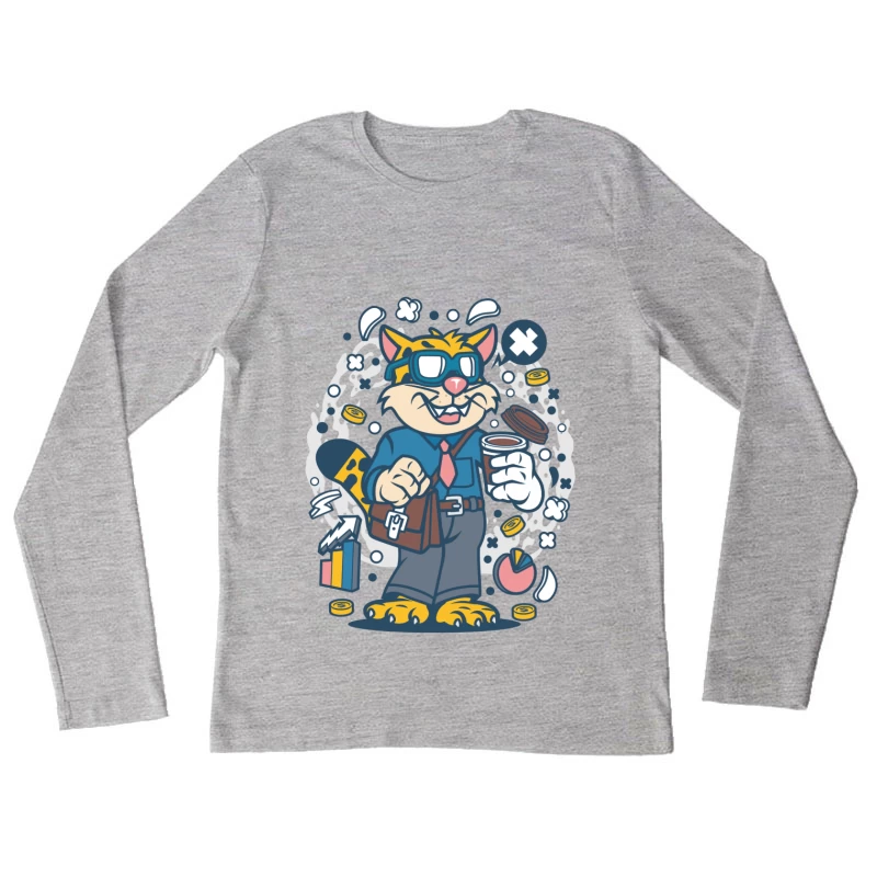 Chat d'affaires énergique tenant un café Femme Manches Longues T-Shirt