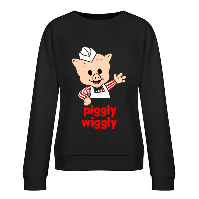 Piggly Wiggly Grocery Store Cartoon Pig Mascot Logo Female Pullover Sweatshirt