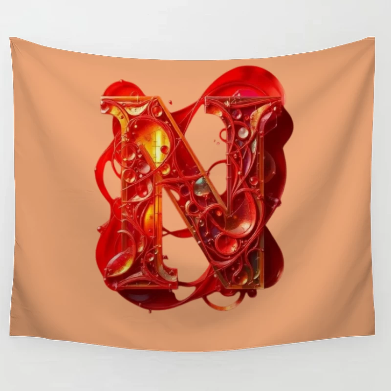 Abstract 3D Liquid Letter N in Vibrant Red Tapestry