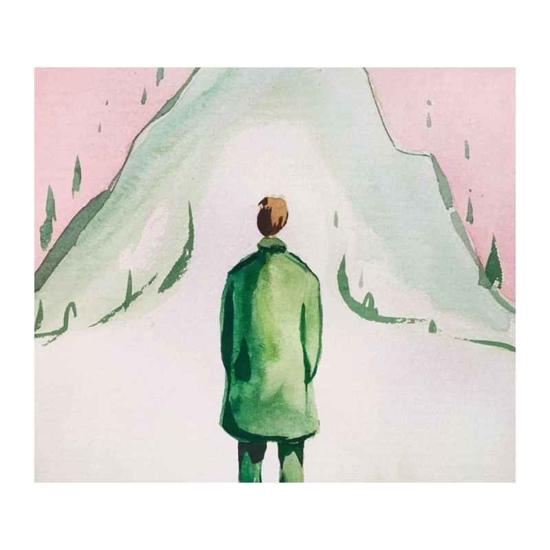 Solitary Figure Contemplating Mountain Landscape Tapestry