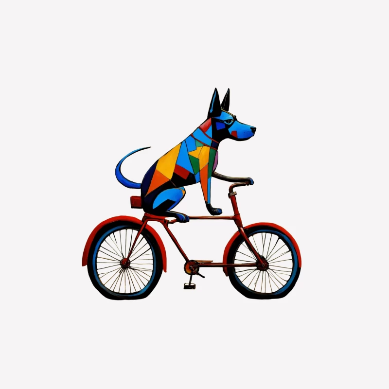 Geometric Colorful Dog Riding Red Bicycle Art Male T-Shirt