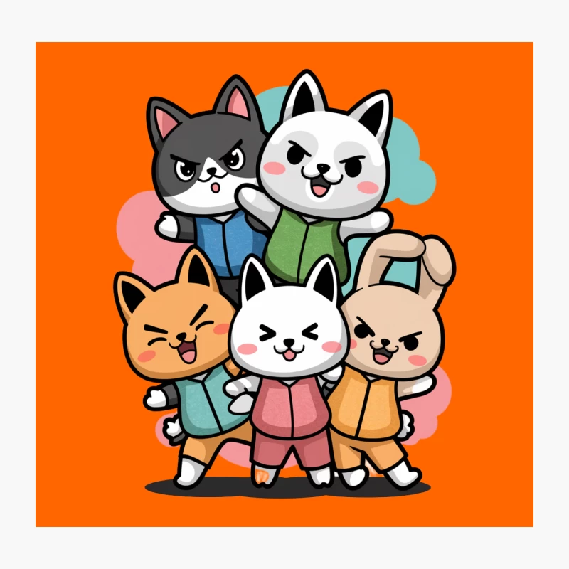 Adorable Animated Animal Friends: Kawaii Cat and Bunny Group Portrait Throw Pillow