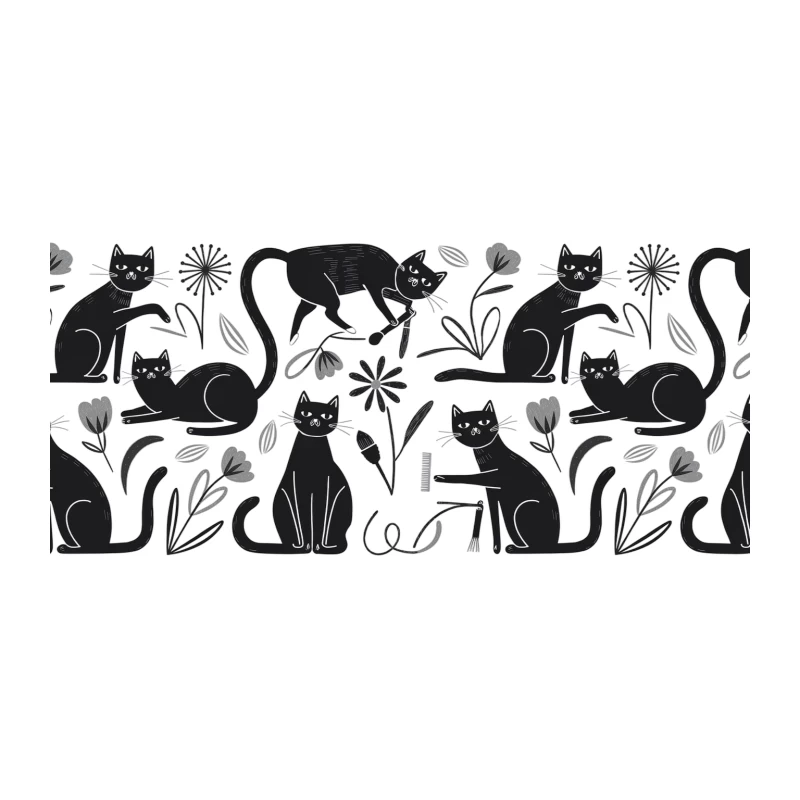 Whimsical Black Cat Floral Illustration Tapestry