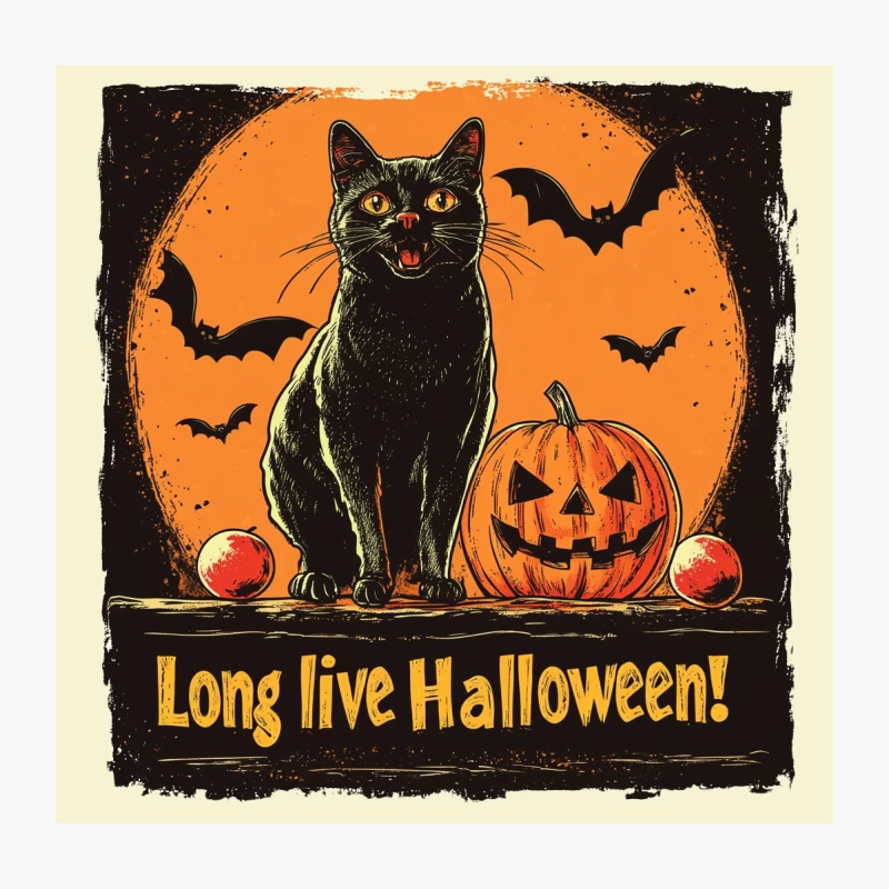 Vintage Halloween Illustration with Black Cat and Jack-o'-Lantern Throw Pillow