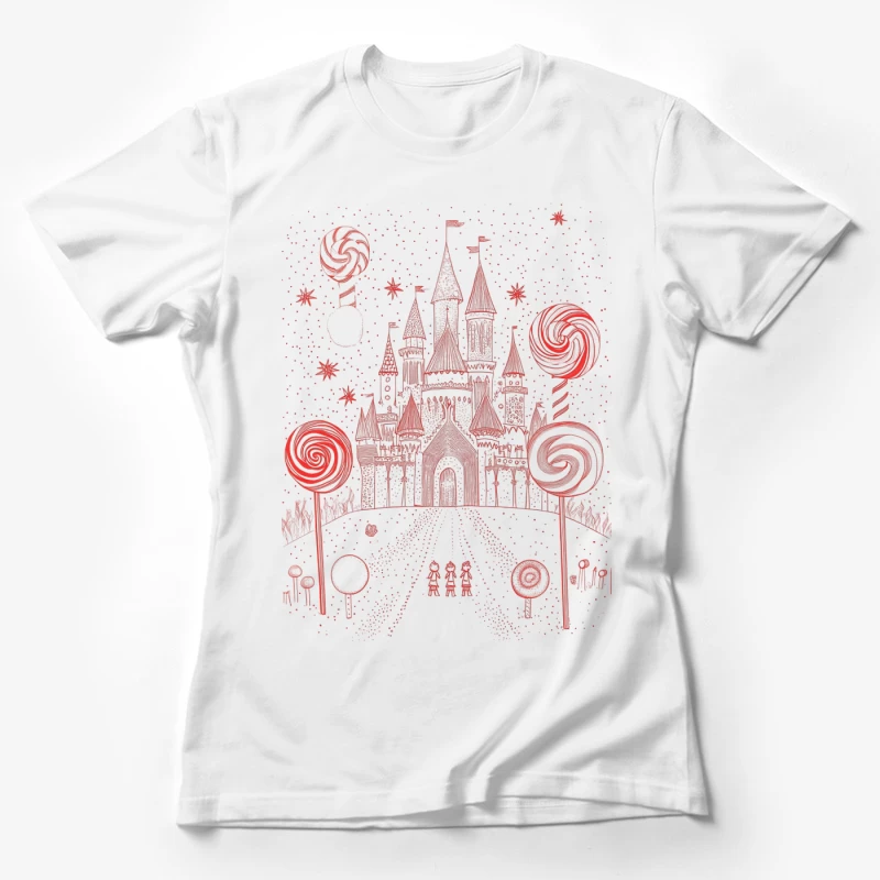 Whimsical Candy Castle Fantasy in Red and White Female T-Shirt