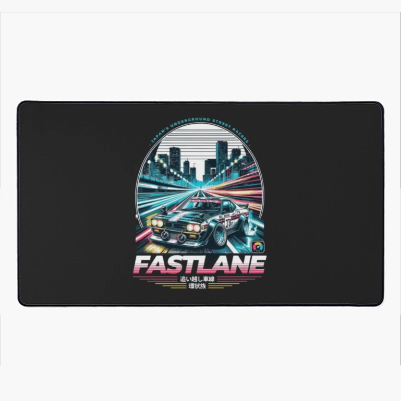 Retro Sports Car Racing Through Neon Cityscape - Synthwave Style Desk Mat