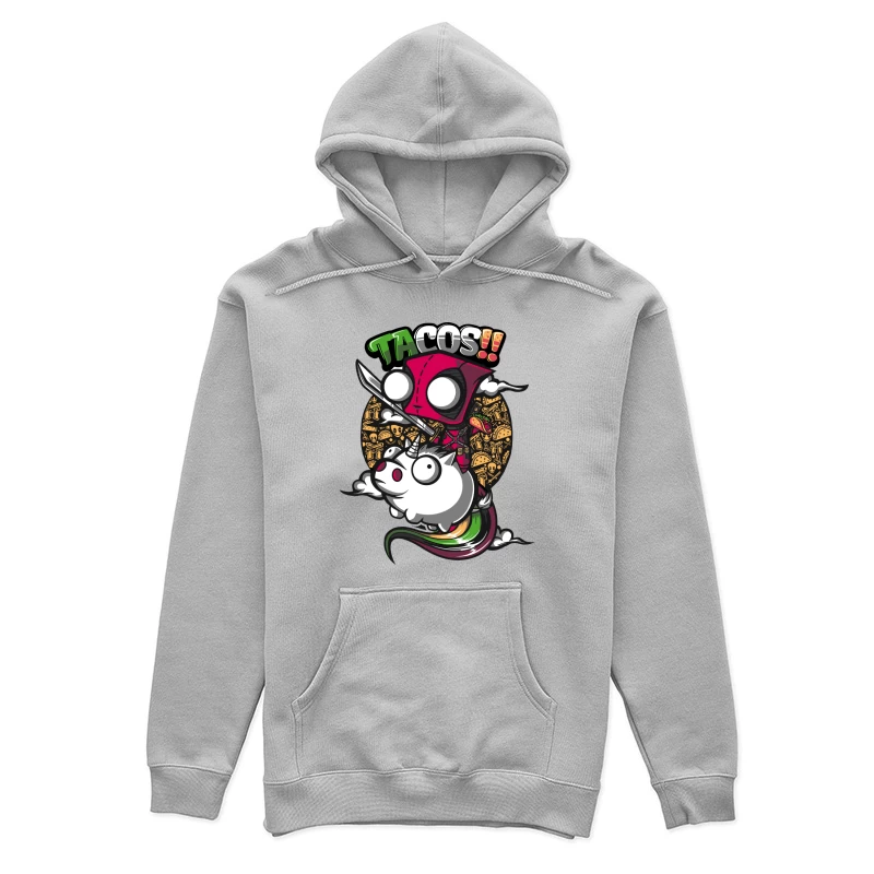 Colorful Cartoon of Tacos with a Unicorn and Knife-wielding Character Female Pullover Hoodie