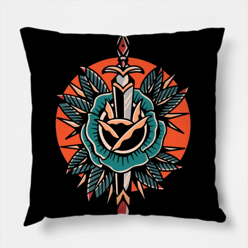 Decorative Sword and Rose Illustration Throw Pillow