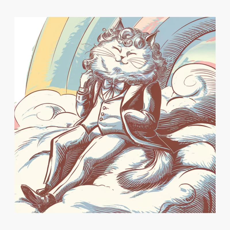 Whimsical Victorian Cat Lounging on Clouds Throw Pillow