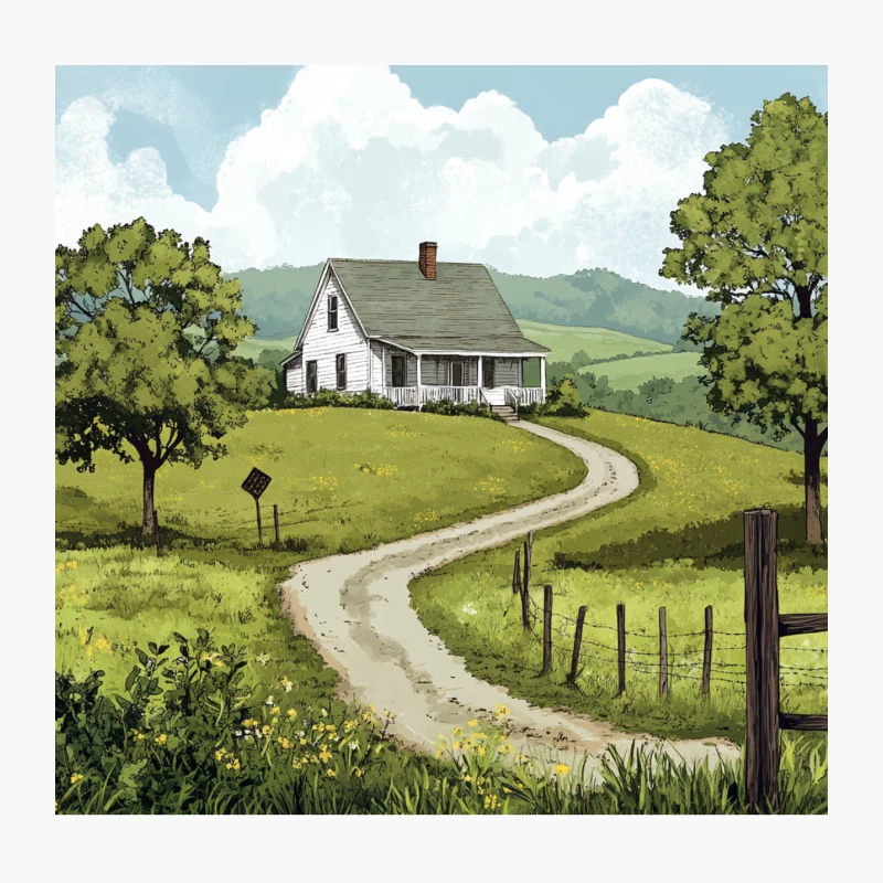Serene Country Farmhouse on Winding Road Throw Pillow