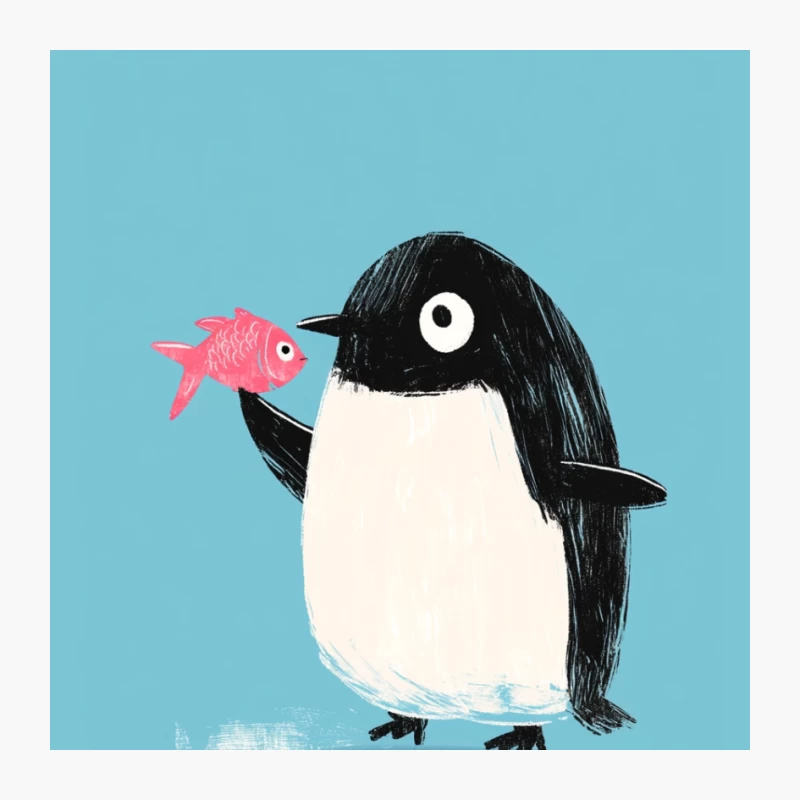 Cute Cartoon Penguin with Fish on Blue Background Pin